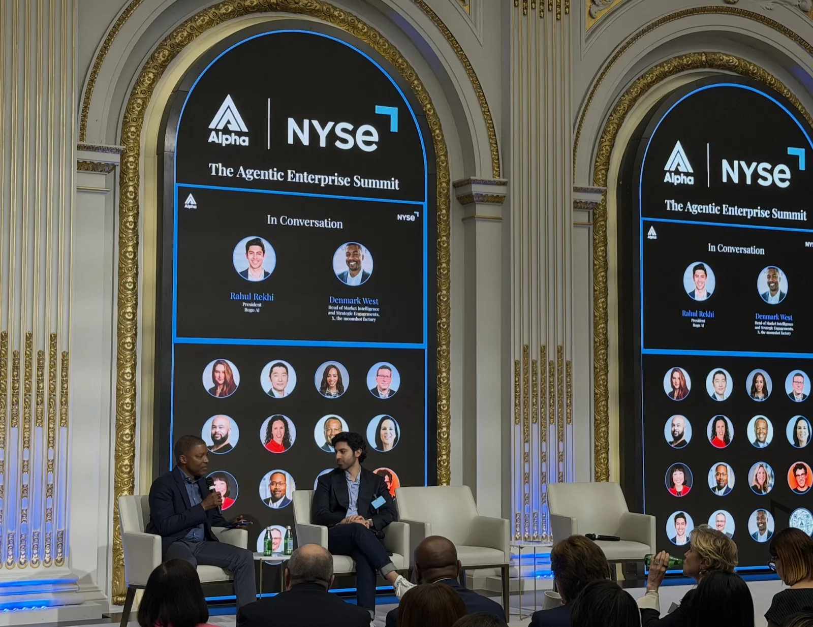 Two leaders discuss frontier AI capability before an audience at an Alpha convening.